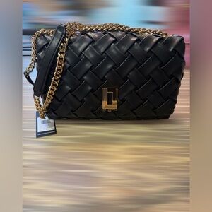 Karl Lagerfeld Black Woven Shoulder Bag with Gold Chain